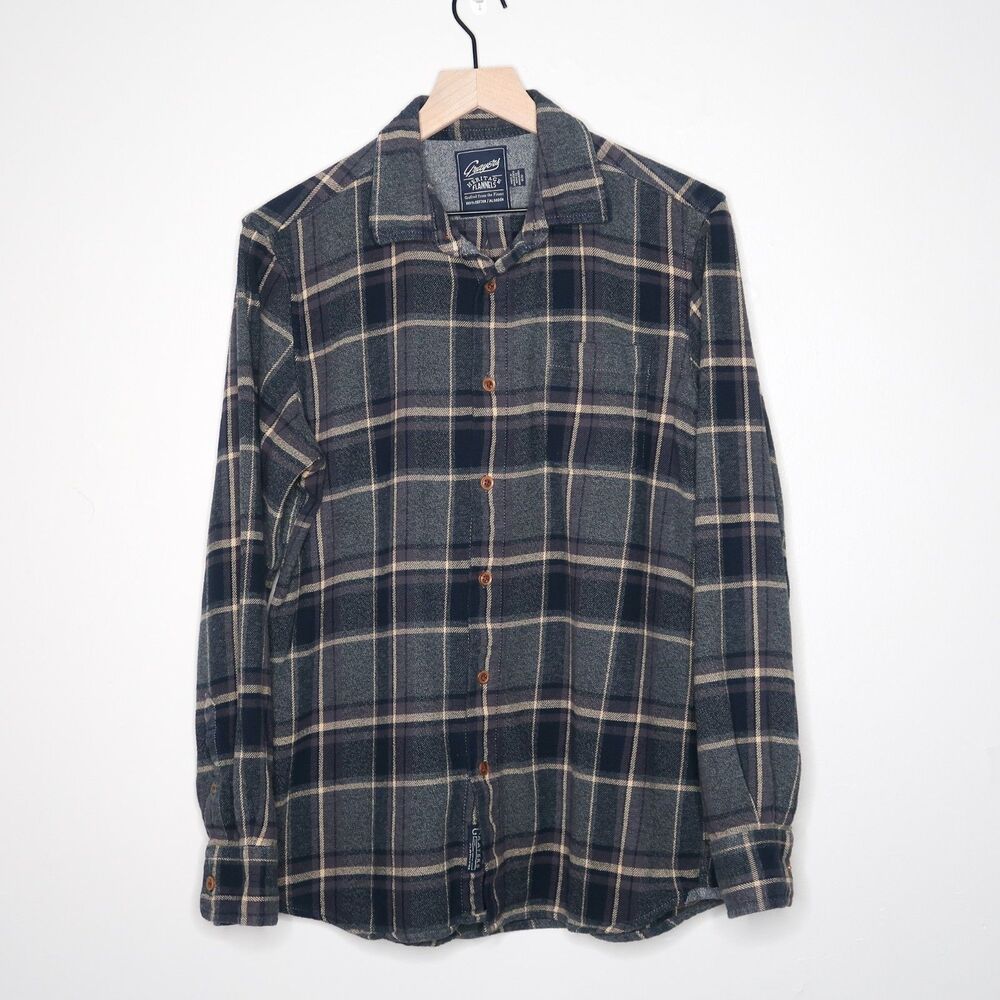 Grayers Heritage Flannels Mens Button Up Shirt Medium Gray Plaid Blue Thick Cozy